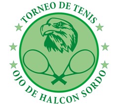 Logo del Torneo donde aparece la cabeza de un halcón y bajo él dos raquetas de tenis. Hay una leyenda que dice Torneo de Tenis Ojo de Halcón Sordo.