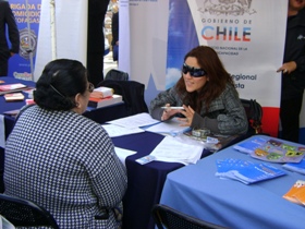 La profesional Jocelyn Franco entregando información en el stand del SENADIS.